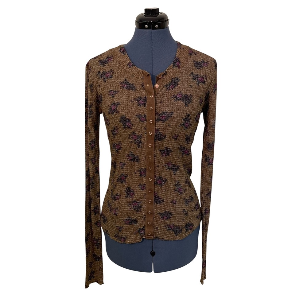 Intimately Free People Brown Floral Waffle Knit Snap Front Thermal Shirt Y2K XL - Picture 2 of 13